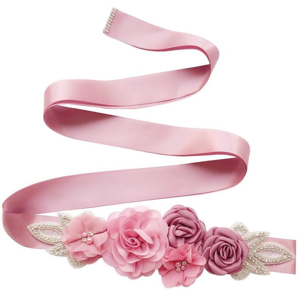 6512 Baby Shower Rose Belts Handmade Floral with Pearls Satin Ribbon